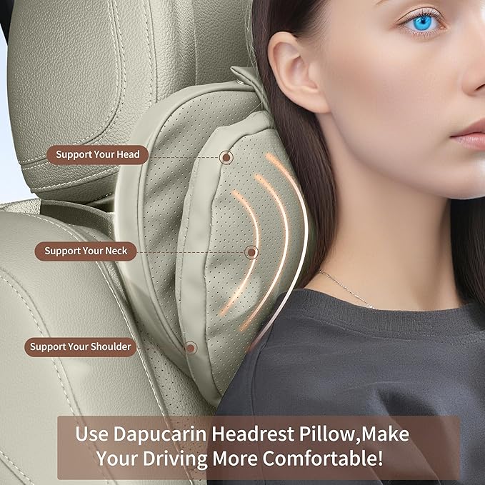 Car Headrest Pillow for Driving, Dual-Sided Leather Design Neck Pillow, Breathable Softness Neck Support, Universal Fit Head Rest Travel Pillow, Off White (Beige), 2 Pack