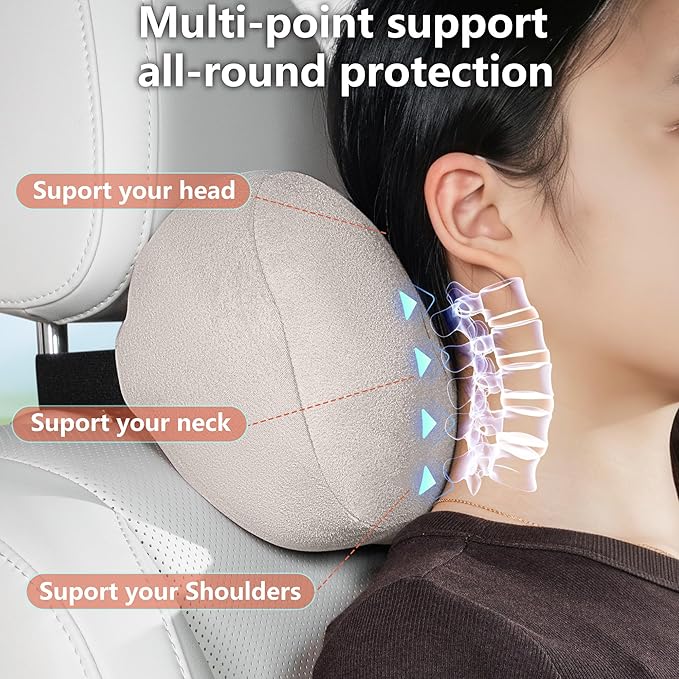 Car Neck Pillow Ergonomic Design Memory Foam Softness Car Headrest Pillow for Neck Support Cushion for Driving, Universal Fit Head Rest Travel Pillow, Fits All Vehicles, Gray, 1 Pack