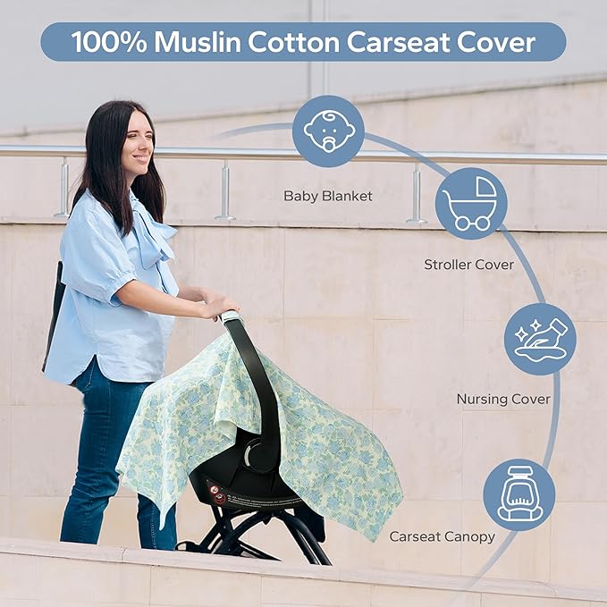 SERAPHY 100% Muslin Cotton Car Seat Cover Baby, 2 Pack Universal Carseat Covers Baby Boy Girl, Breathable Car Seat Canopy, Soft Infant Car Seat Cover for Summer and Winter—2 Pcs Blue&Flowers