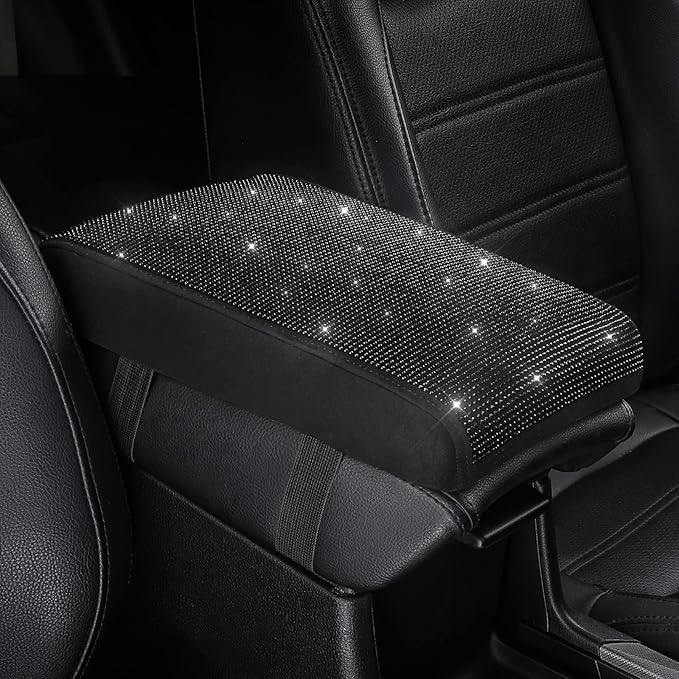 SEG Direct Diamond Auto Center Console Cover, Bling Car Armrest Cover, Memory Foam Armrest Cushion Pad with Crystal Rhinestones, Universal Seat Box Cover, Black Diamond