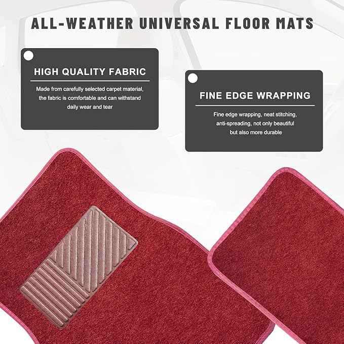 Sun Walker 4 PCS Car Floor Mats, Waterproof Anti-Slip Front & Rear Car Carpets with Driver Heel Pad, All Weather Floor Protective Pads Universal for SUVs Trucks Sedans Vans (Wine Red)