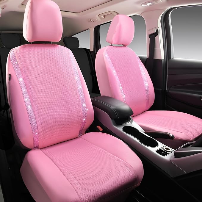 CAR PASS Bling Diamond Car Seat Covers, Shining Rhinestone Waterproof Faux Leather Pink Car Accessories Two Front Only Universal Fit Auto Glitter Crystal Sparkle Strips for Cute Women Girl, Pink
