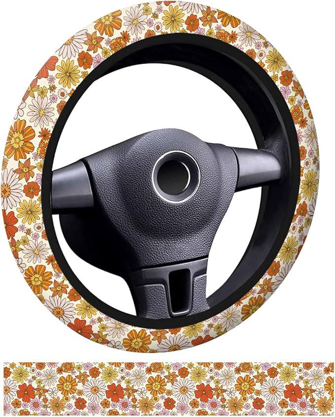 Car Steering Wheel Cover, Universal 15 Inch Neoprene Non-Slip Steering Wheel Covers, Funny Car Accessories for Women Men Fit Auto, Suvs, Truck Cute Boho Colorful Flowers
