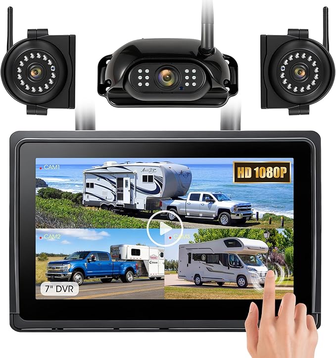 Wireless RV Backup Camera System 7" 1080P Touch Screen & 3 Cameras, Compatible with Furrion Pre-Wired Plug, DVR Monitor & Waterproof Night Vision Rear Side View Camera for Trailer Truck, A13
