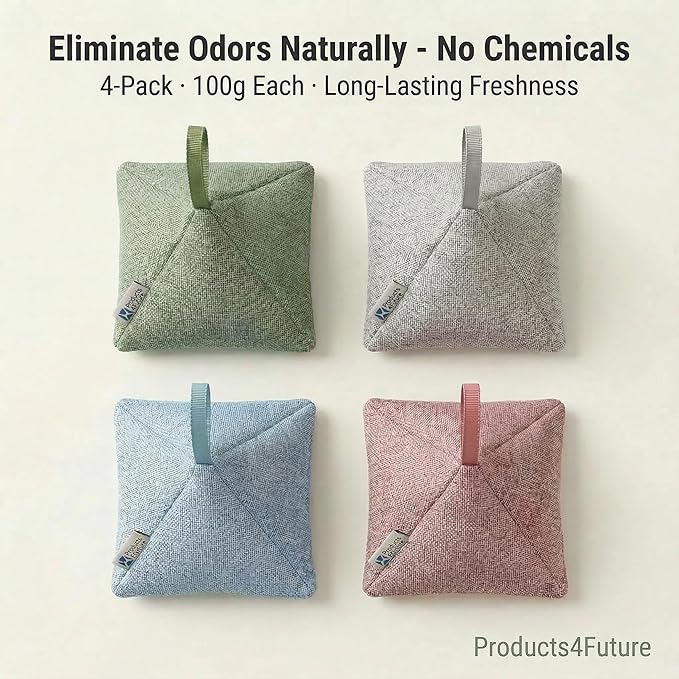 4 pack Naturally Activated Bamboo Charcoal Air Purifying Bags | Natural Home Deodorizer Bag | Charcoal Bag Odor Absorber For Pets | Odor Eliminator & Moisture Absorber Air Freshener Bag (100g Pyramid)