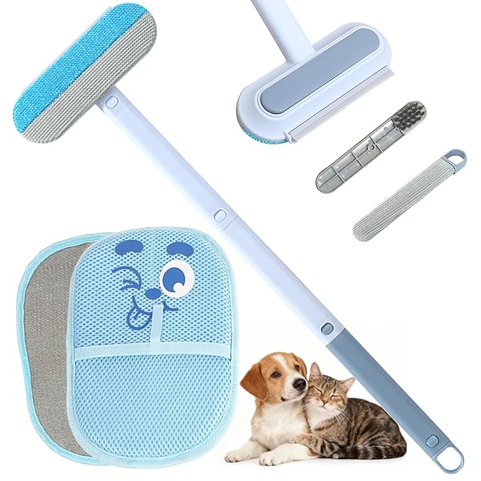 Pet Hair Remover Set – Removes Pet hair from Carpets, Furniture & Car Seats For Cat & Dog, includes 4-in-1 Magic Brush (Extended Handle) & a Electrostatic cat Hair Remover Glove.