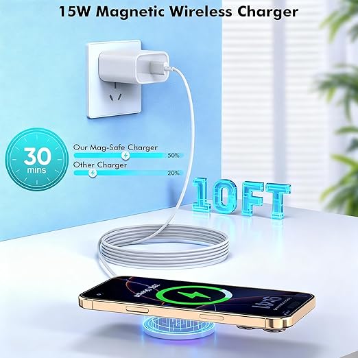 Magnetic Wireless Charger for iPhone 17 16 15,10FT Long Fast Phone Charging Pad with USB C Wall Charger Block For iPhone 17 Pro Max/17/iPhone 16 Pro Max/15/Plus/Pro/14/13/12 Series,AirPods 4/3/2/Pro 2
