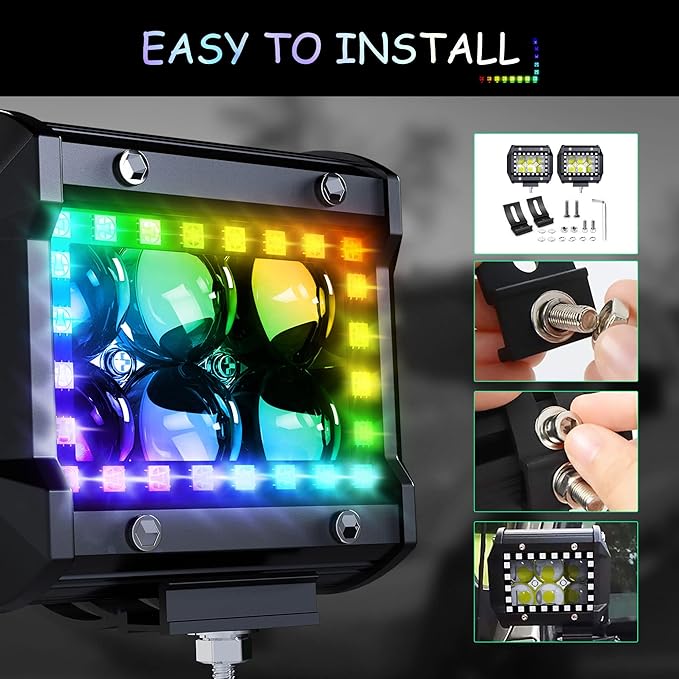4PCS 4" inch LED Spot Work Light Bar with Multi-Color Chasing RGB Halo 16 Solid Colors Over 92 Flashing Modes Offroad Pods Lights LED Driving Lamp Fog Lights with Switch and Wiring Harness