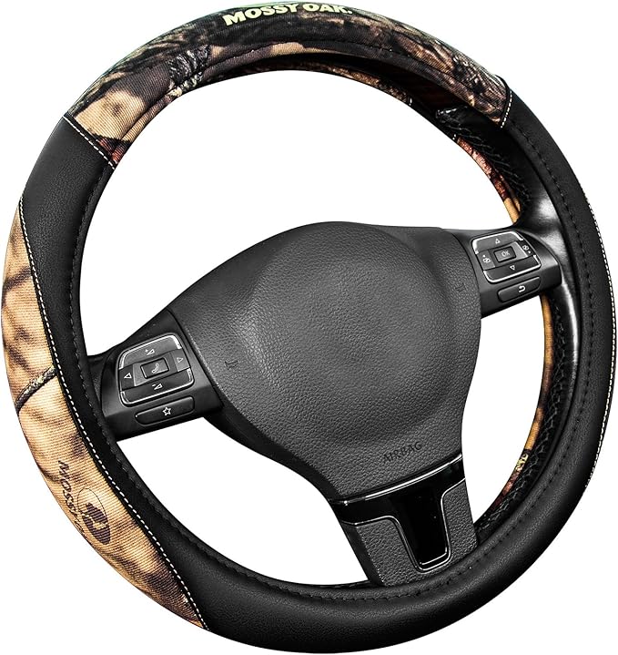 Mossy Oak Camo Steering Wheel Cover - PU Leather and Cotton Twill, Universal Fit 14 1/2 inches to 15 inches - Officially Licensed Product