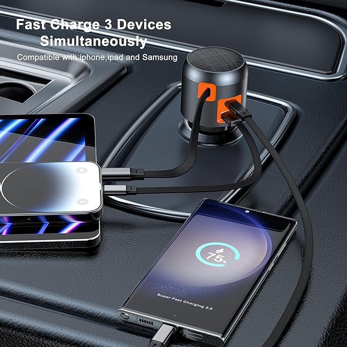 60W Retractable Car Charger, 3-in-1 USB-C Fast Charging Cigarette Lighter Adapter with Built-in Retractable Cable, Compatible with iPhone 16/15 Pro Max, Galaxy S25, iPad – Orange