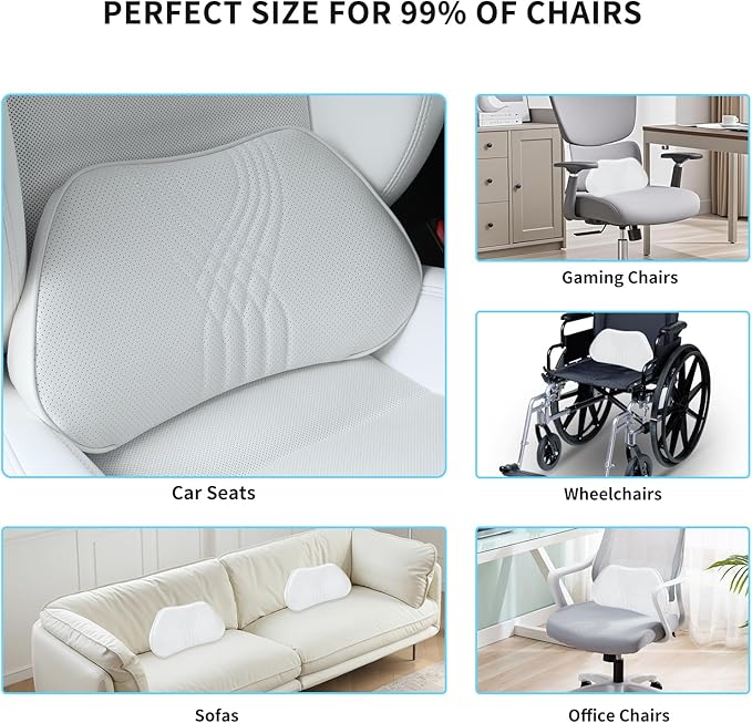 Lumbar Support Pillow for Car Seat, Office Chair Nappa Leather Memory Foam Lower Back Cushion for Back Pain Relief Improve Posture, Ergonomic Back Rest for Gaming Chair, White, 1PC