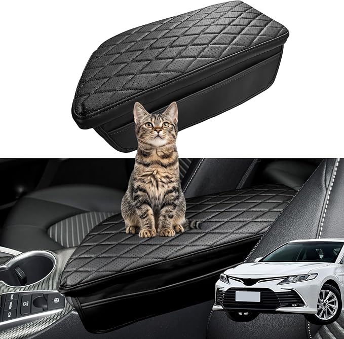 Center Console Armrest Cover Compatible with Toyota Camry 2018-2024 Leather Middle Console Arm Rest Box Protector Cushion Padding with Side Pockets Anti-Scratch Black