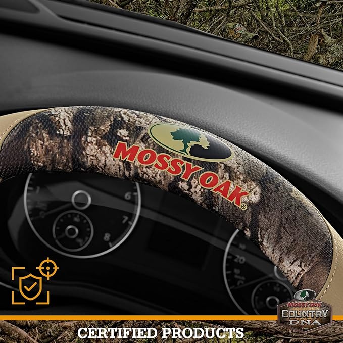 Mossy Oak Full Camo Steering Wheel Cover - Made from Premium Leather, Universal Fit for 14 1/2 to 15 inches - Official Licensed Product - Beige Color