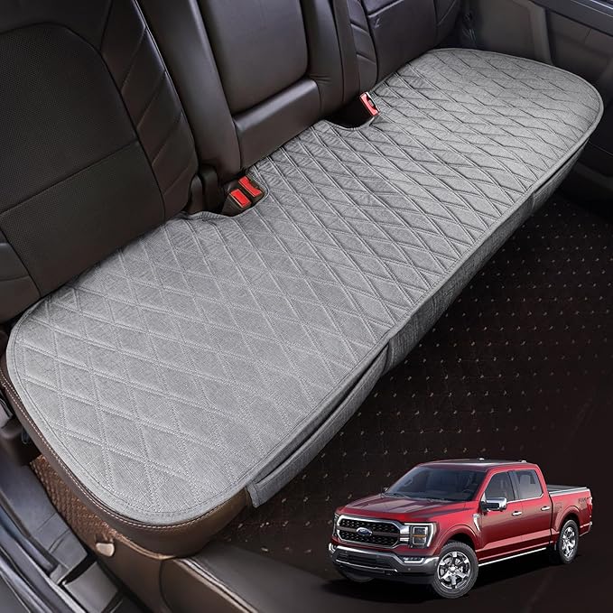 Universal Grey Anti-Slip Rear Car Seat Cover Size L - Faux Linen Bottom Bench Seat Cushion Fits Most of Vehicles Cars Truck SUV Van - Automotive Long Back Seats Protectors with Storage Pocket