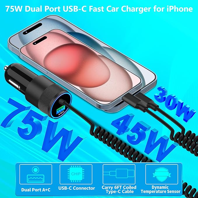 【MFi Certified】iPhone 17 Car Charger Fast Charging, Braveridge 75W USB C PD&QC Car Power Cigarette Lighter USB Charger with 6FT Type C Coiled Cable for iPhone 17/17 Pro Max/16/15/Galaxy S26/S25/Pixel
