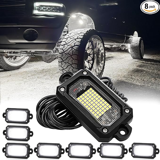 Rock Lights 60 Chip 6500K 8pcs Aluminum Housing Pure White Rock Lights for Trucks Jeep UTV ATV SUV Cars with 15FT Wire Harness