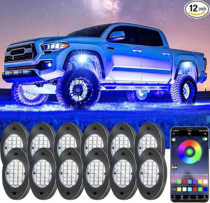 12 Pods RGB LED Rock Lights, Underglow Multicolor Neon Light Kit Wheel Well Light with APP Control & Music Mode, Under Glow Lights for Trucks,Jeep,SUV,Golf Cart,ATV,Pickup Off Road,12 V