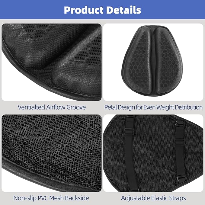 OMISTAR Motorcycle Seat Cushion, Shock Absorbing Gel Seat Pad with 3D Honeycomb Design, Breathable Cooling Pad, Anti-Slip & Foldable Seat Cushion Pad, Fits Most Motorcycles Long Rides