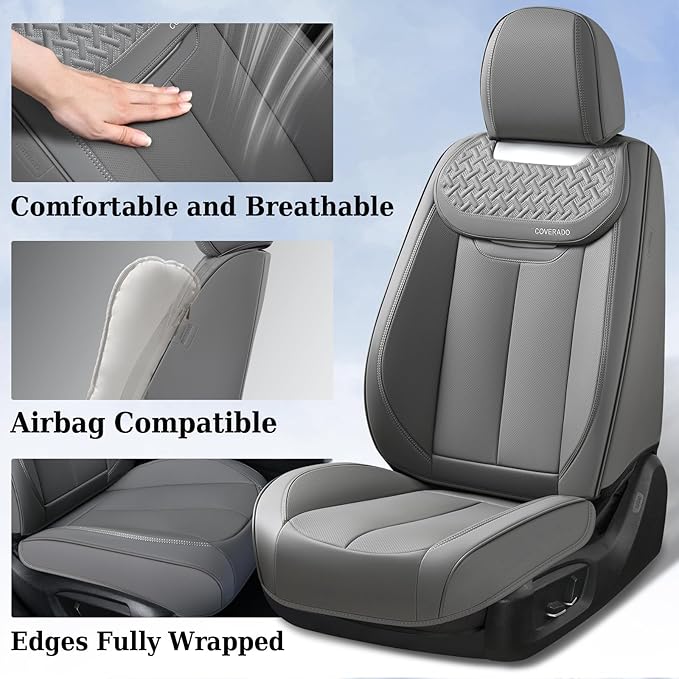 Coverado Car Seat Covers Front Seats, Luxury Nappa Leather Waterproof Seat Covers for Cars, Universal Front Seat Covers, Driver Seat Protector Automotive Interior Accessories Fit for Most Cars,(Gray)