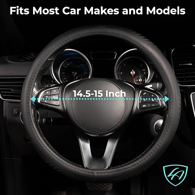 Lord Autofashion Steering Wheel Cover – PU Leather, Non-Slip Rubber Inner, All-Season Comfort – 14.5–15 Inch (Black 9356)