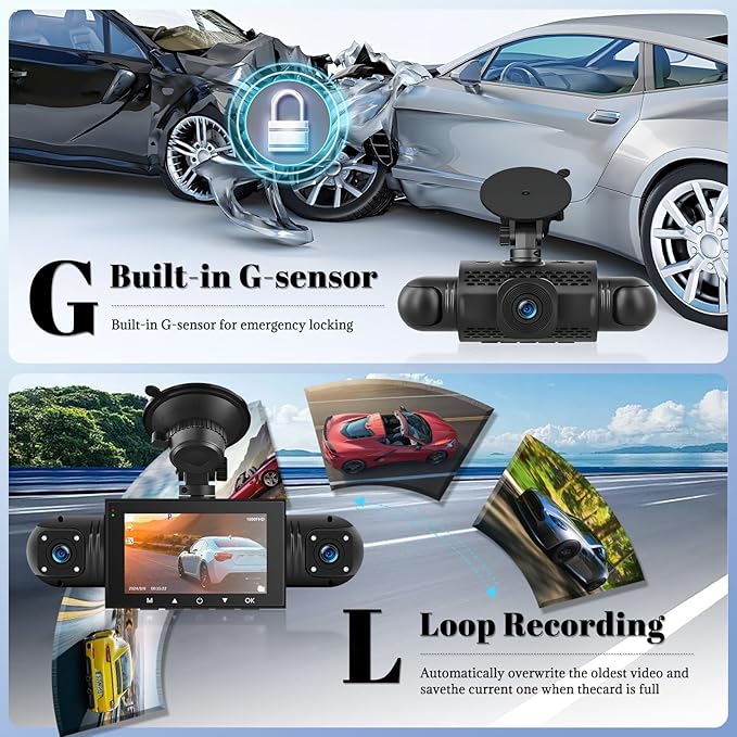 360 Degree View 4 Channel Dash Cam for Cars,Dash Cam Car Camera Front and Rear Inside Left Right for Cars,3 inch Dashcams with Night Vision,Loop Recording,G-Sensor,24H Parking Mode Monitor