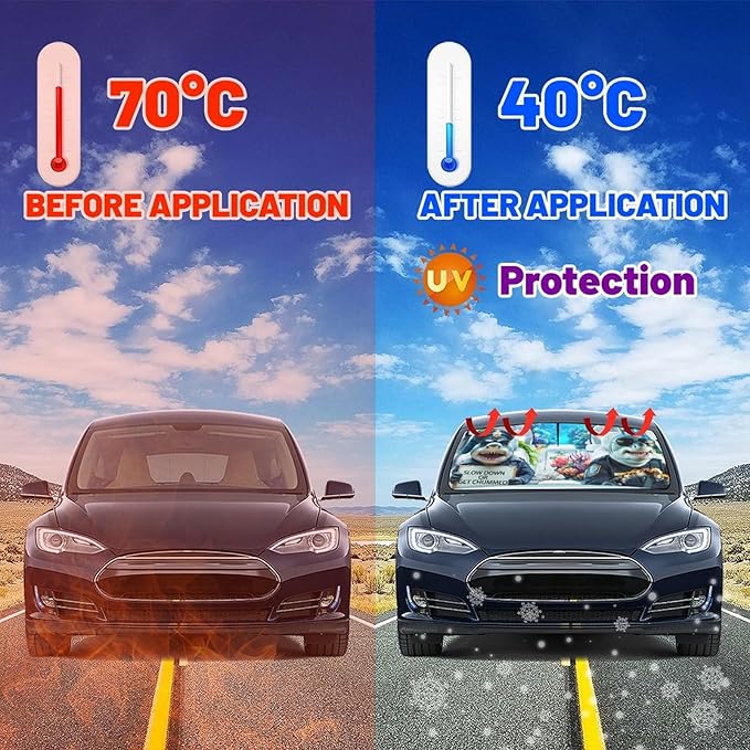 CHILL·TEK Funny Animal Car Windshield Sun Shade Umbrella, Funny Sharks Car Sun Shade Umbrella, Block UV Rays Heat Foldable Windshield Umbrella Sun Visor Protector - Keep Vehicle Cool for Cars SUV