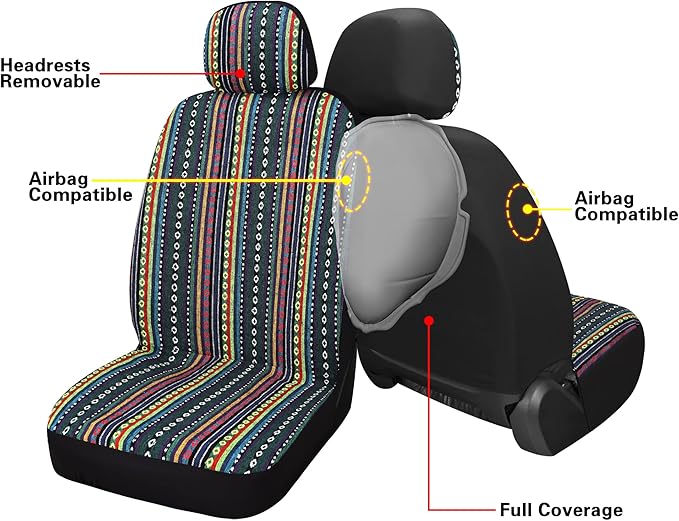 Pariitadin Baja Saddle Blanket Car Seat Covers Front Set with Seat Belt Pads, Washable Breathable Striped Woven Cloth Seat Covers for Cars, Universal Fit Most Cars, Airbag Compatible, Red/Blue