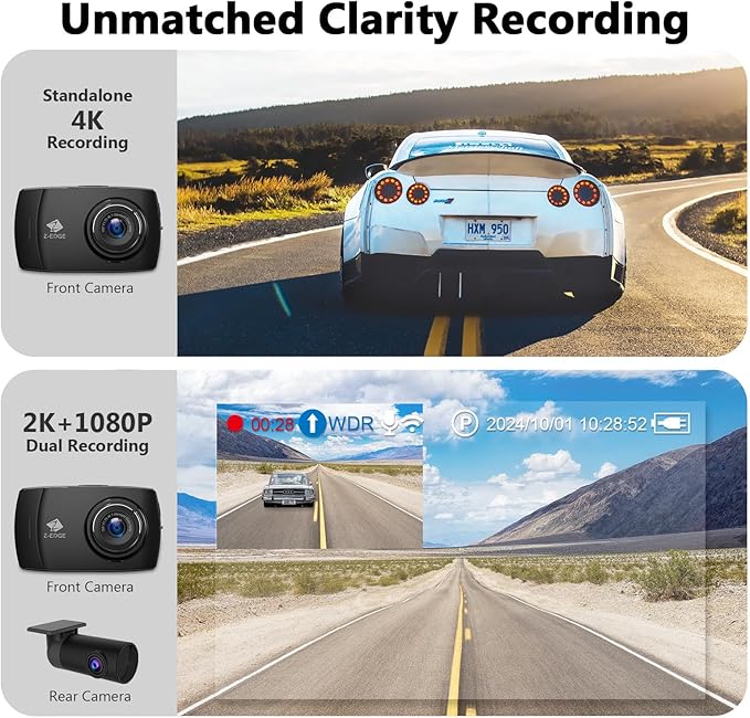 Z-Edge T4 Dash Cam Front and Rear, 4K Dual Dash cam, 2K+1080P Front and Rear, Touch Screen WiFi Car Camera, WDR, Night Vision, G-Sensor, Loop Recording, 24 Hours Parking Mode, Support 512GB Max