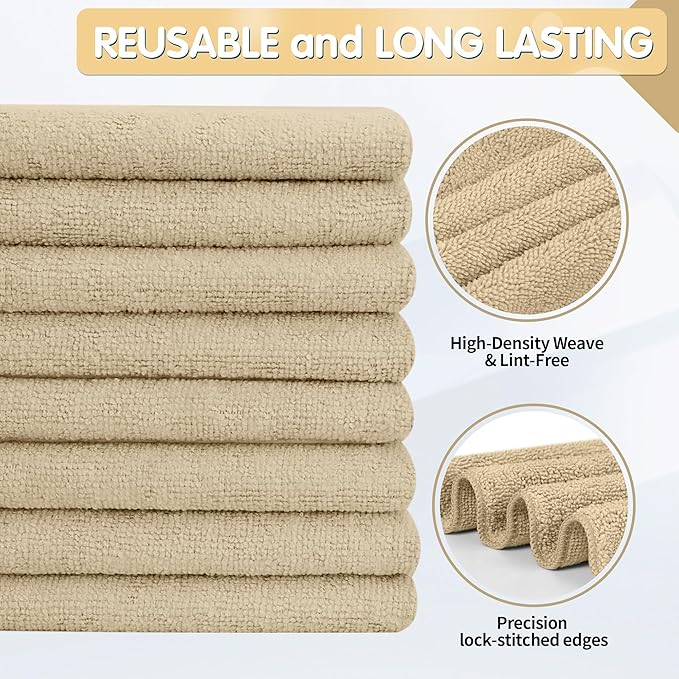 FIXSMITH Beige Microfiber Cleaning Cloth -Pack of 8, Highly Absorbent Cleaning Rags, 16"X12" All Purpose Cleaning Towels for Housekeeping, Kitchen, Car, Lint Free and Reusable Microfiber Towels