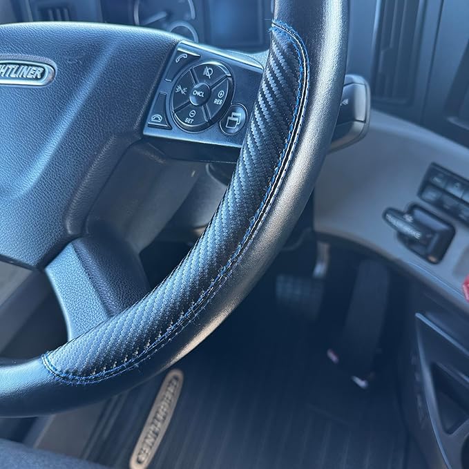 18-Inch Genuine Leather Steering Wheel Cover for Semi Trucks – Black with Blue Stripes, Universal Fit Heavy-Duty Non-Slip Grip, Comfortable Control, Easy Installation