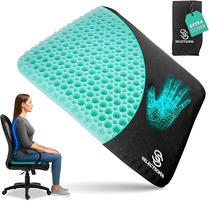 SelectSoma NEW Mint Green Gel Seat Cushion for Long Sitting, Patent-Pending Mold Design, Double-Thick Pressure Relief for Tailbone, Sciatica, Coccyx & Back Pain - Office Chair, Car, Wheelchair, Truck