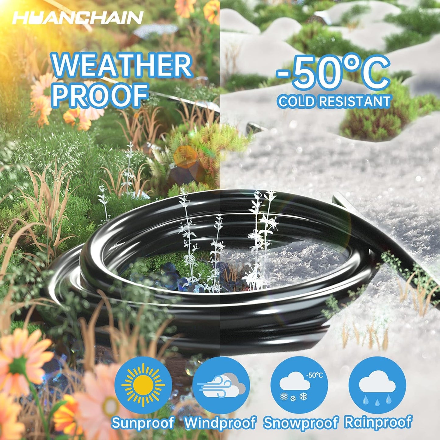 HUANCHAIN Indoor Outdoor Black Extension Cord 50 ft Waterproof, 16/3 Gauge Flexible Resistant Appliance Extension Cord Outside, 13A 1625W 16AWG SJTW, 3 Prong Heavy Duty Electric Cable, ETL Listed