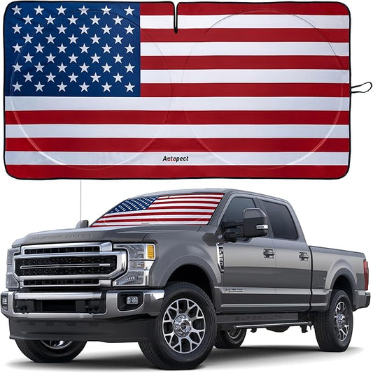 Windshield Sun Shade - American Flag Design, High-Resolution Sun Visor for Car, Truck, SUV with Mirror Cut-Out for Interior Sun Protection, Foldable Car Sun Shade