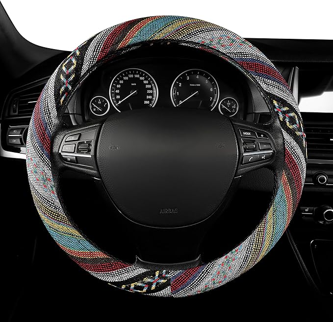 GXT 15 inch New Baja Blanket Car Steering Wheel Cover Universal Fit Most Cars Automotive Ethnic Style Coarse Flax Cloth (Red Blue)