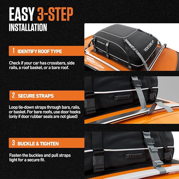VENTURE 4TH Car Rooftop Cargo Carrier – 21 Cubic Feet Soft-Shell Waterproof Roof Bag with 10 Heavy-Duty Compression & Tie-Down Straps, Anti-Slip Mat & Door Hooks – Fits Cars with or Without Roof Rack