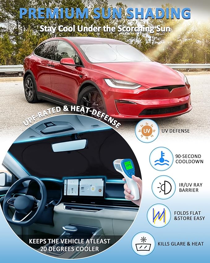 for Model X Windshield Sun Shade Sunshade for Tesla Model X 2016-2024 2025 2026 Windshield Cover Window Shield Protector Sun Visor Tesla Car Accessories Keeps Car Interior Cool