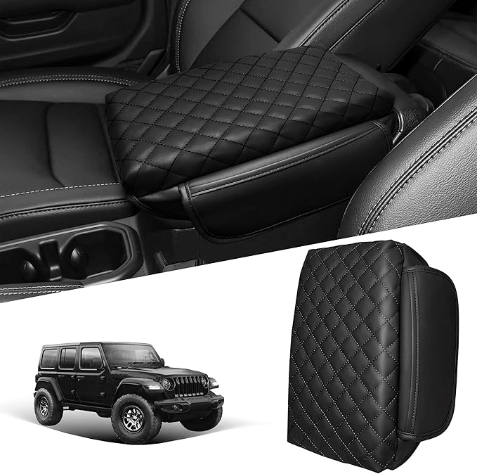 Center Console Cover for Jeep Wrangler JL 2018-2026 & Gladiator JT 2020-2026 1.2in Thickness Armrest Cover Leather Arm Rest Lid Protector Cushion Pad with Stroage Pockets Interior Accessories (Black)