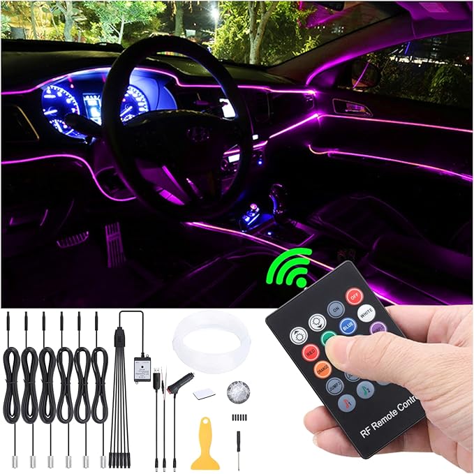 Car Interior Strip Lights, 6 in 1 Multicolor RGB Car Ambient Lighting Kit, 8m Fiber Optic EL Neon Tube Light, DIY Mode Music Sync RF Remote Control DC 12V