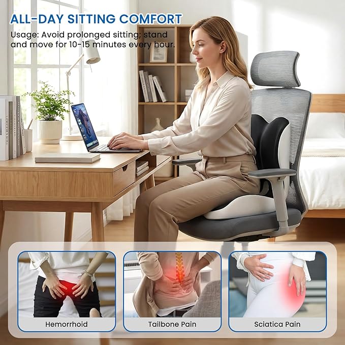 Seat Cushion, Memory Foam Car Seat Cushion with L-Shaped Ergonomic Design, Tailbone Pain & Sciatica Pain Relief Cushion for Office Chair, Car, Truck Drivers, Long Sitting and Wheelchair, 2 PCS