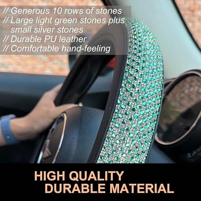 PINCTROT Large Size Bling Comfy Steering Wheel Cover with Jumbo Crystal Rhinestones, Anti-Slip Diamond Leather, 15.5-15.75 Inch (Light Green)