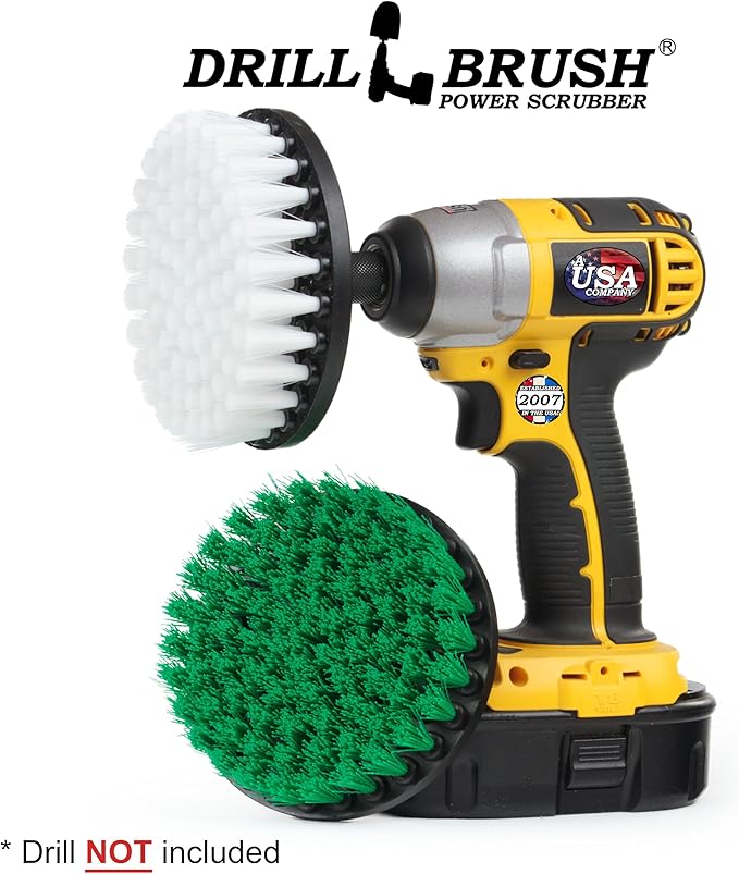 Household Cleaners - Drill Brush Soft White and Medium Green Combo Kit - Cleaning Supplies - Glass Cleaner - Scrub Brush - Leather, Shower Doors, Carpet, Fabric and Vinyl Seats - Kitchen Sink