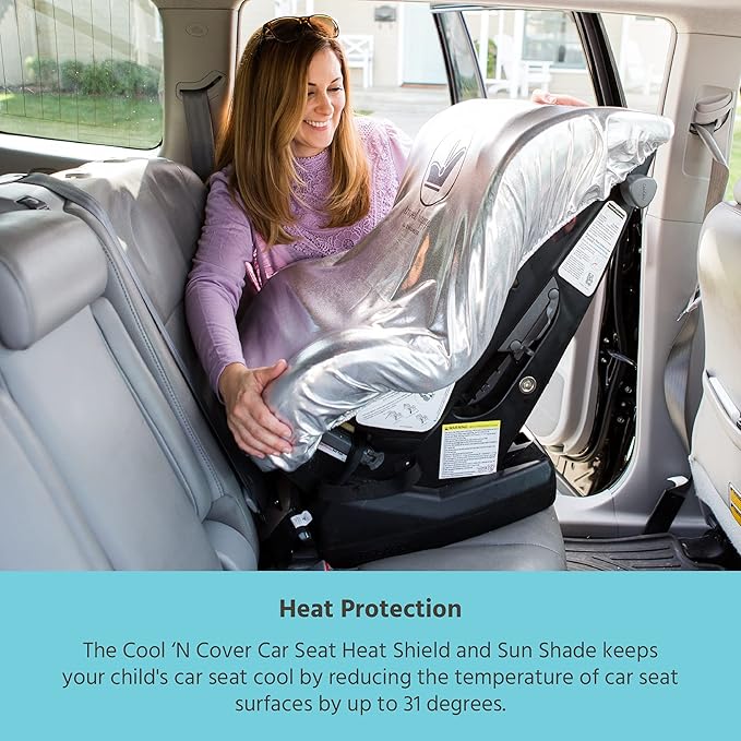 J.L. Childress Cooling Car Seat Heat Shield & Sun Shade Cover - Heat Protector & Cooler for Baby Car Seat, Reflective Summer Protection, Travel Accessories, Blocks UV Rays - Silver