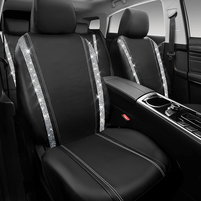 CAR PASS Bling Diamond Car Seat Covers, Shining Rhinestones Waterproof Faux Leather, 7 Seats 3 Rows with Zipper Glitter Crystal Sparkle Strips Universal Fit 95% MPV,SUV,CAR for Women Girl, Silver