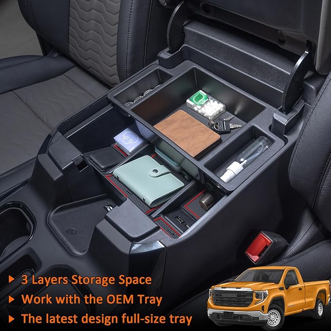 TOPINSTALL 22-26 Red Refreshed Full Tray Compatible with 2022-2026 Silverado/Sierra 1500 and 2024-2026 Chevy Silverado/GMC Sierra 2500HD 3500HD, Armrest Organizer (Full Console w/Bucket Seats ONLY)