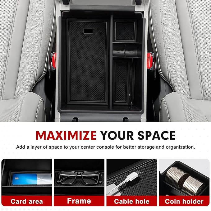 Autorder Center Console Organizer for 2022-2026 Hyundai Santa Cruz Accessories Car Armrest Storage Box Middle Console Tray Container with Black & Red Non-Slip Silicone Mats