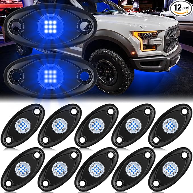 Macarrie 12 Pods Rock LED Lights for Car SUV Underglow Lights Waterproof Neon Trail Rig Lamp Lighting for Truck Motorcycle Boat ATV UTV and More(Blue)