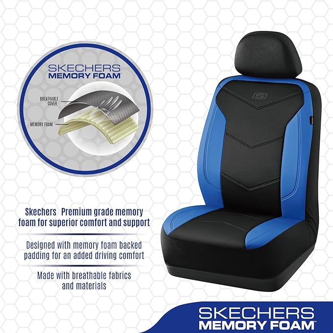 Skechers Memory Foam Seat Covers,Leather Car Seat Covers, Ultimate Comfort & Support Seat CoversFull Sets,Airbag Compatible, Automotive Universal Fit Most for SUVs, Vans, Sedans, Cars, Trucks,Blue