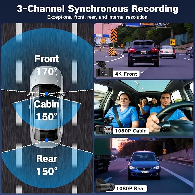 Dash Cam 3 Channel Front and Rear and Inside, 4K UHD 360 Dash Camera for Cars with 64GB Card, Car Cameras Dash Cam with, 5GHz WiFi, G-Sensor, Loop Recording, 24H Parking Monitor, Night Vision