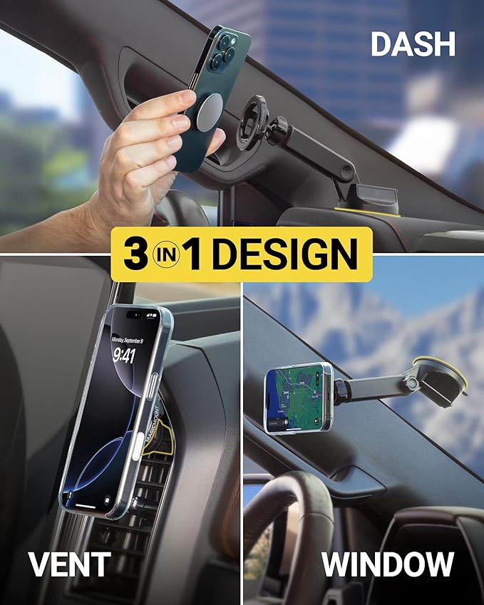 Scosche MagSafe Car Mount, Suction Cup Magnetic Windshield/Dashboard Cell Phone Holder with Vent Clip & Adjustable Flip Arm Compatible with PopSockets Grips, iPhone 16/15/14/13/12, Samsung Galaxy