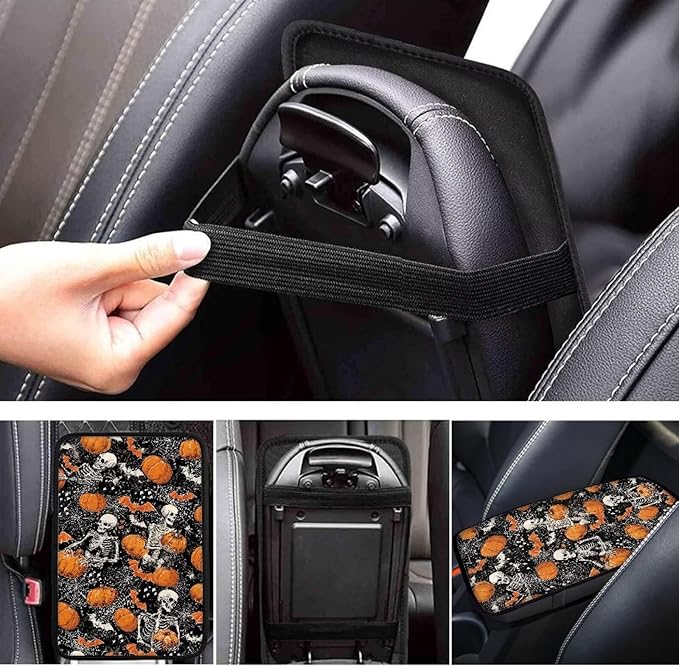 Halloween Pumpkin Skull Car Armrest Pads Car Armrest Cushion Arm Rest Covering Car Middle Console Covers Non Slip for Truck Auto SUV Car Accessories